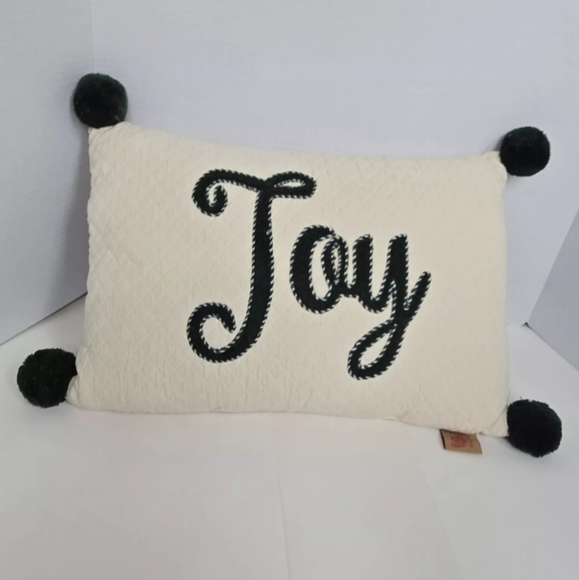 Christmas Lumbar Throw Pillow "Joy" Devi Designs Cream Green Pompoms - Picture 2 of 9